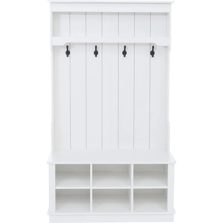 Garderobe HWC-P26, Flurgarderobe Holzgarderobe Sitzbank, 4 Haken Staufach Ablage Melamin 170x100x39cm ~ weiß – Bild 8