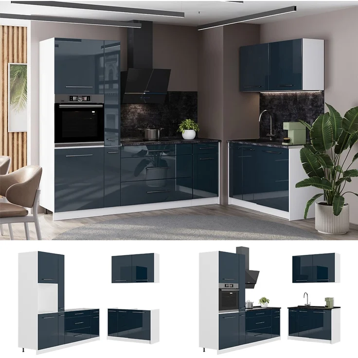 Küchenzeile Fame-Line Dunkelblau Hochglanz/Weiß 220x120 cm, AP Marmor Vicco – Bild 4
