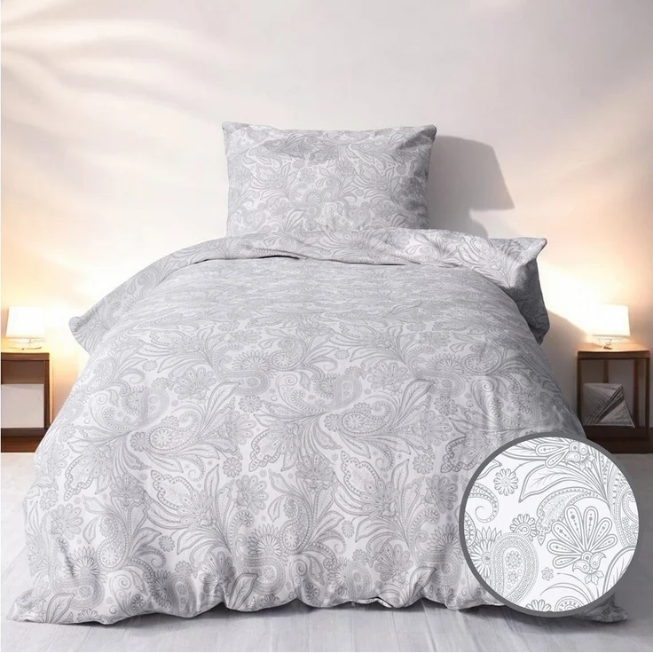LINKHOFF Bettwäsche Biber Bettwäsche 135x200cm / 155x220 - 2tl. Blumenmuster in Grau Weiß, 100% Baumwolle - Bettwäsche-Set Aesthetic Floral Paisley Zweige – Bild 5