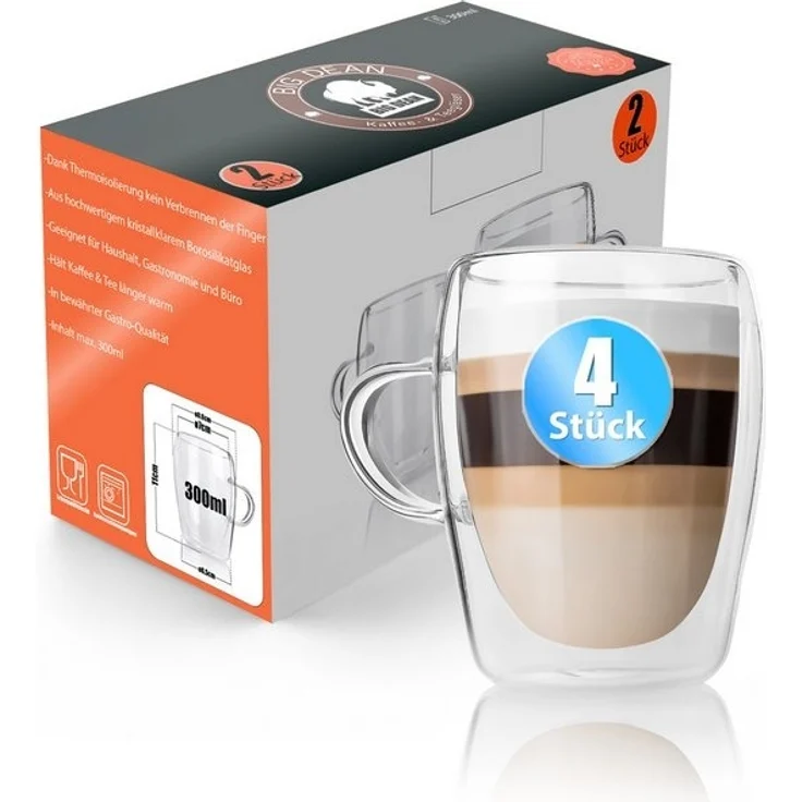 BigDean 4 Stück doppelwandige Latte Macchiato Gläser mit Henkel 300 ml Teetasse Thermogläser Teegläser Kaffeegläser in Geschenkverpackung – Bild 4