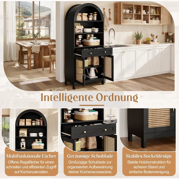 DESVIAE Vitrine Schwarz-Holzoptik – 70x170x40 cm – Rattantüren, Schublade – Bild 4