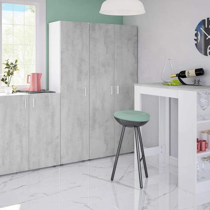 Habitdesign, Mehrzweckschrank, 2 Türen, 3 Einlegeböden, 182 x 80 x 37 cm (H x B x T), Besenschrank, Arktisweiß und Zement – Bild 9