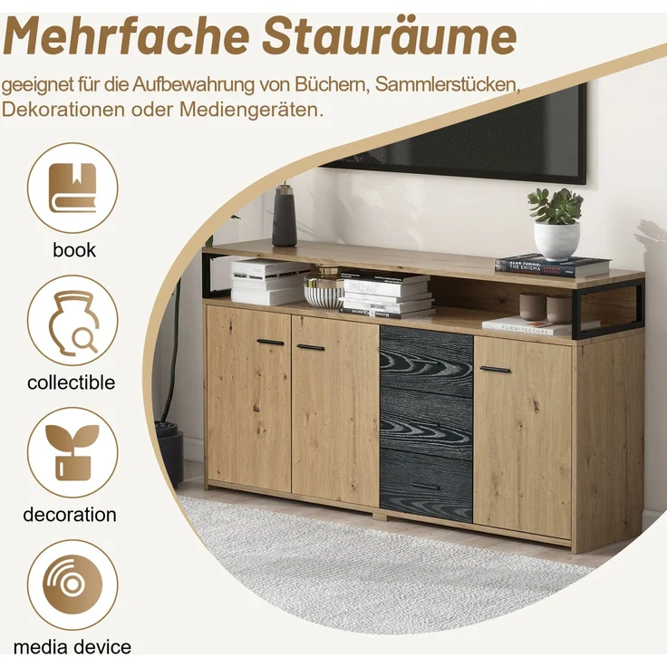 DESVIAE Sideboard mit 3 Türen und 3 Schubladen, 150x35x75,9 cm, aus Spanplatte, Schwarz-Braun – Bild 4
