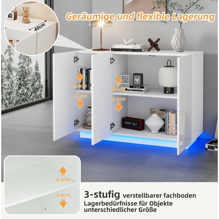 DESVIAE Sideboard mit LED-Beleuchtung und 3 Türen, 120x75x40 cm, Spanplatte, Weiß – Bild 4