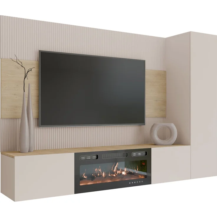 Wohnwand Deromi VI mit Kamin (Farbe: Sandbeige + Nuss Cremona) – Bild 2