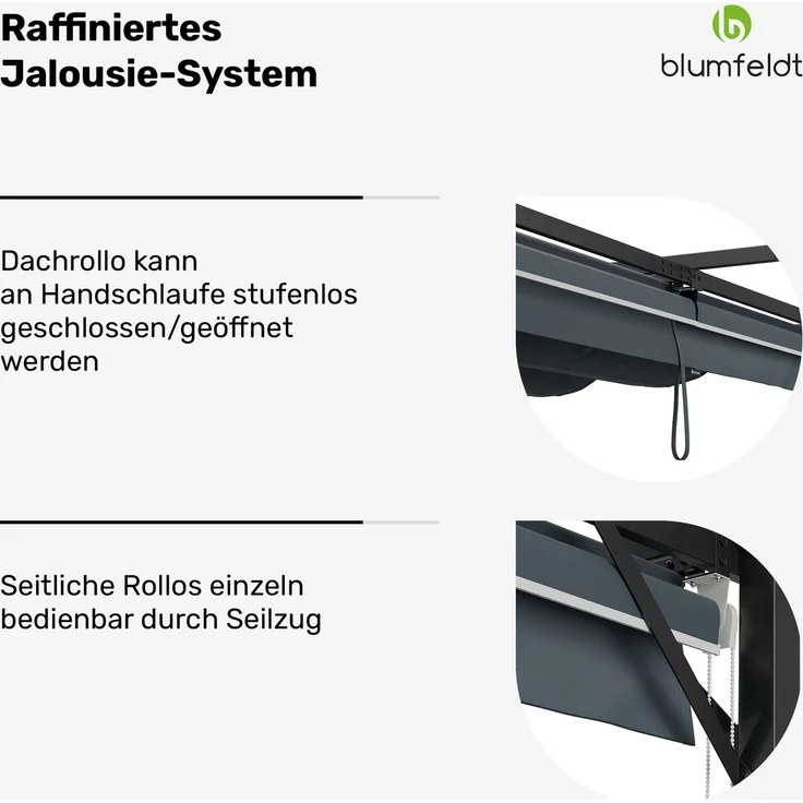 Blumfeldt Pergola 3x4 m, Wetterfestes Polyesterdach & Seitliche Jalousien, Pulverbeschichteter Stahlrahmen, Einfache Montage, Stabil & Winterfest Für Ganzjährigen Einsatz – Bild 4