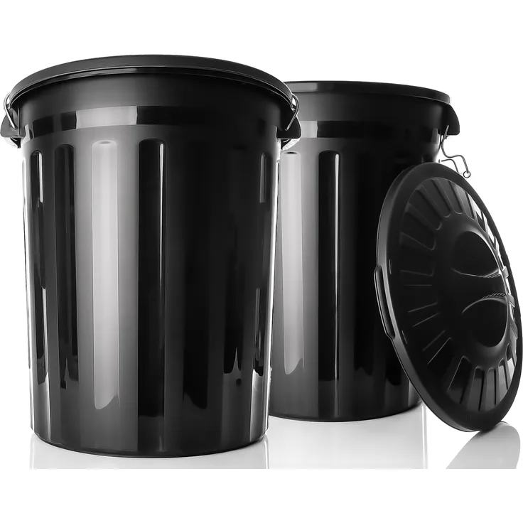 BigDean 2 Stück wetterfeste Universaltonne mit Deckel Schwarz und 2 Tragegriffen + Clip Verschluss auch als Mülltonne – Regentonne und Futtertonne geeignet für Indoor + Outdoor geeignet