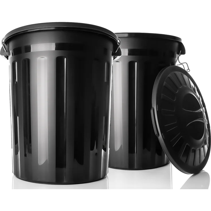 BigDean 2 Stück wetterfeste Universaltonne mit Deckel Schwarz und 2 Tragegriffen + Clip Verschluss auch als Mülltonne – Regentonne und Futtertonne geeignet für Indoor + Outdoor geeignet – Bild 1