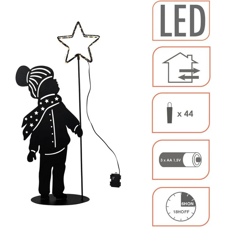 Spetebo LED Dekofigur LED Metall Weihnachts Aufsteller Kind mit Stern - 60 cm, Timer, LED fest integriert, warm weiß, Deko Silhouetten Bild warmweiß beleuchtet mit Timer Batterie – Bild 3