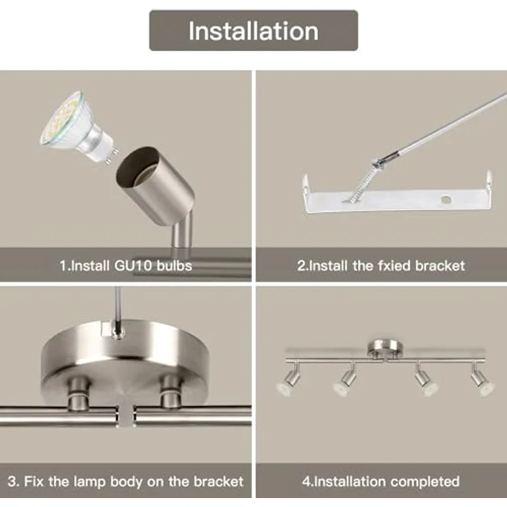 Dehobo Deckenleuchte LED Spotleuchte 4 Flammig - GU10 Modern Deckenspot Schwenkbar 350° - Nickelfarbe Drehbar Küchelampe Spot Strahler Decke Schlafzimmer Deckenstrahler Ohne Leuchtmittel – Bild 6