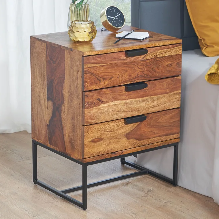 FINEBUY Nachttisch FB86843 (50 x 40 x 65 cm Sheesham Massivholz Metall, Industrial), Nachtkästchen mit Schubladen, Nachtkonsole Modern