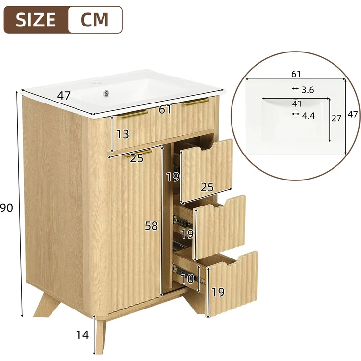 Waschtischkommode 61 x 47 x 90 cm aus MDF mit Keramikwaschbecken, Schiebetür und Wellenstruktur – Bild 5
