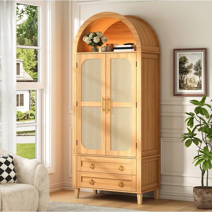 Hochschrank 76 x 40 x 179,5 cm in Natur mit Rattan-Dekor und App-gesteuerter LED-Beleuchtung – Bild 5