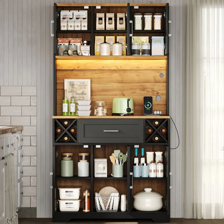 Küchenschrank, hoher Stauraumschrank mit LED-Beleuchtung, Vorratsschrank mit Weinregalen, Weinschrank & Vitrinenschrank für Wohnzimmer und Esszimmer, 180 × 105 × 40 cm--Natur1 + Schwarz--105x40x180cm--YOUDENOVA – Bild 6