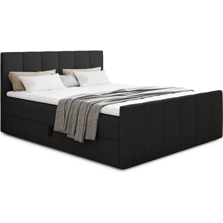 Boxspringbett Star Lux mit Fußteil, 2 Bettkästen und Matratzentopper - Doppelbett mit Topper, Bonell-Matratze, Polsterbett, Bett (Schwarz (Inari 100), 140 x 200 cm)