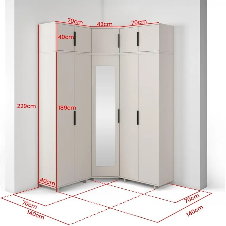 Eckschrank Napoli Version 10, Kleiderschrank mit Spiegel, Cashmere, 189 x 140 x 140 cm – Bild 2