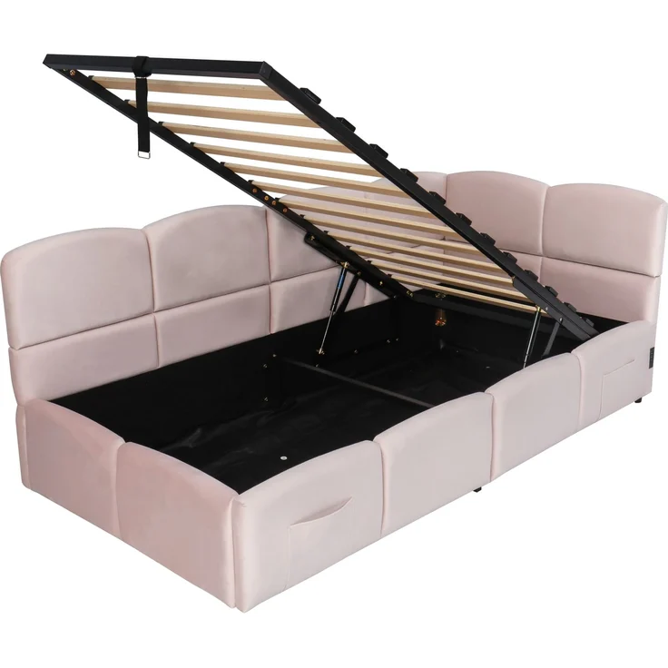 ZUBALIYA Schlafsofa 90 x 200 cm mit hydraulischem Bettkasten, USB-Anschluss, USB-C-Anschluss, Samt, Rosa – Bild 16