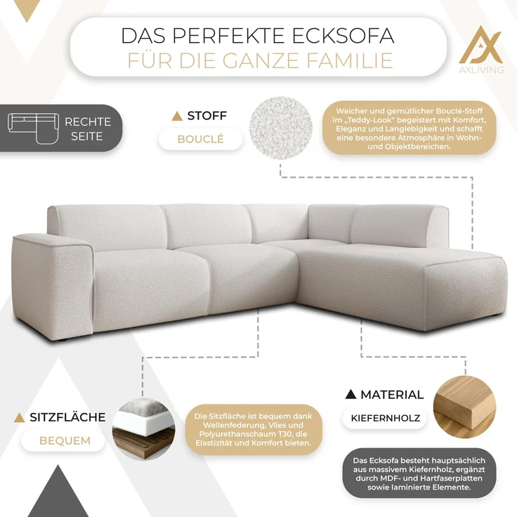 AX LIVING Couch Sofa L Form Didim L Weiß – 292 cm, stilvoll & bequem R – Bild 5