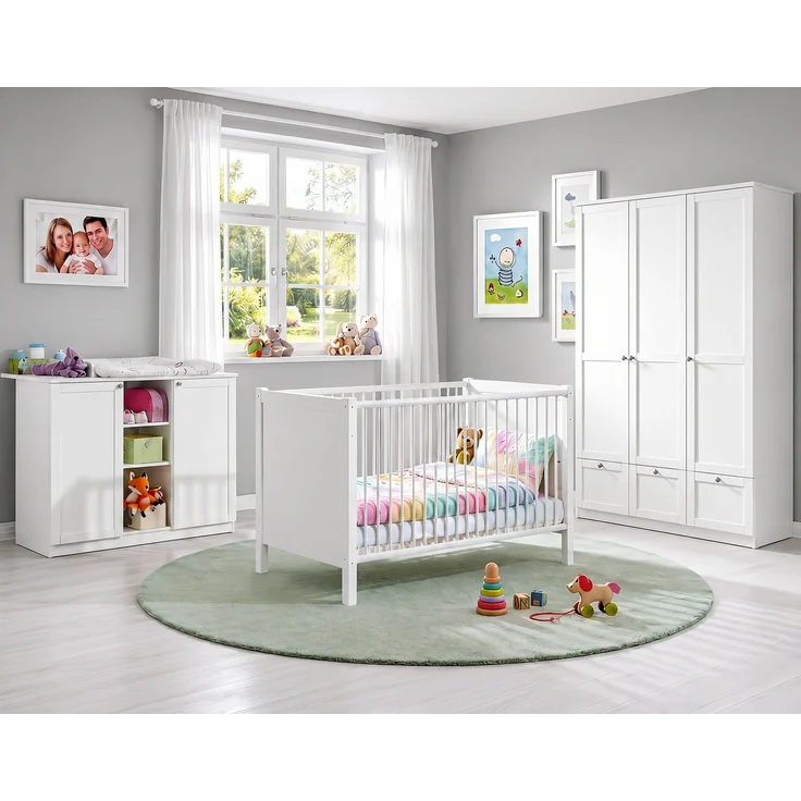 Babyzimmer-Set Kinderzimmer Babybett Wickelkommode Kleiderschrank+Schub. 135 cm Weiß – Bild 1