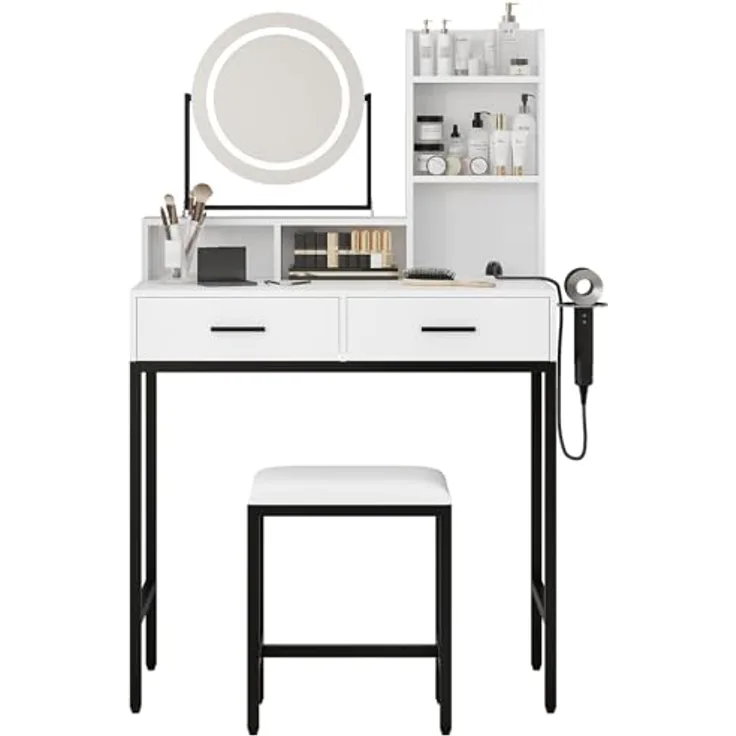 GarveeLife Schminktisch mit LED-Spiegel und Hocker, 5 Fächer, Schminktisch mit Ladestation und Lagerspeichen (2 Schubladen – runder LED-Spiegel, schwarz)