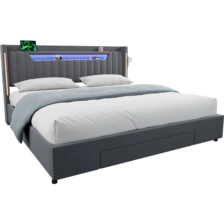 Polsterbett 180x200 cm mit LED-Beleuchtung, Stauraum und Schublade – Ohne Matratze – Bild 4