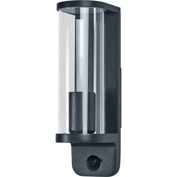 Osram Endura Classic LED Wandleuchte Tubular, E27 Fassung, PIR Sensor, IP44, Aluminium dunkelgrau, Glas