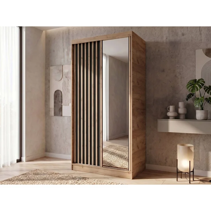 Beautysofa Kleiderschrank Donatello mit Spiegel und Lamellen (mit oder ohne praktischem Schubkasteneinsatz, Höhe: 205 cm) moderner Schiebetürenschrank – Bild 2