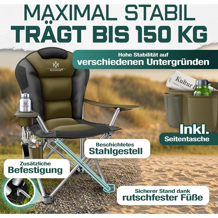 KESSER® Campingstuhl faltbar bis 150 kg Angelstuhl Faltstuhl Klappstuhl Gepolstert mit Armlehnen, Getränkehalter + Tasche mit hoher Rückenlehne, Strandstuhl, Klapphocker Khaki / Schwarz – Bild 5