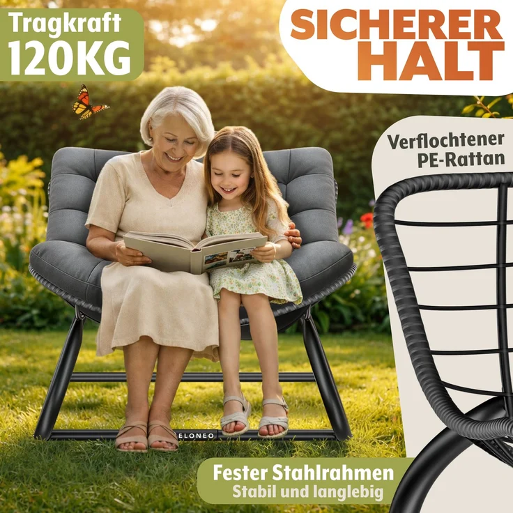 ELONEO Schaukelstuhl Outdoor XXL, ergonomischer Schaukelsessel mit Premium Sitzpolster für drinnen & draußen, Balkonsessel, wetterfester Loungesessel Outdoor, rutschfest, bis 120kg, Grau, ohne Hocker – Bild 4