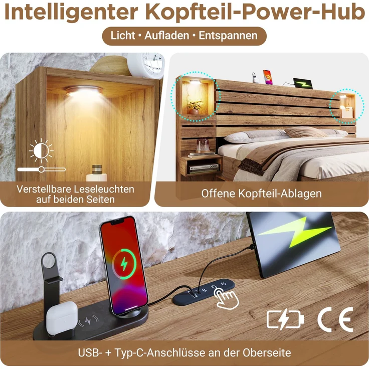 Holzbett 180x200 cm, Doppelbett und Erwachsenenbett, mit LED-Downlights, USB & Type-C Ladestation und schwebenden Nachttischen, Eichenoptik – Bild 5