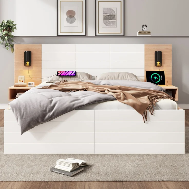 Doppelbett Holzbett Bettanlage mit 2 Schubladen, Kopfteil Leselicht mit USB Ladefunktion, Modernes Bett inkl. 2 Nachtkommode, Bettgestell & Lattenrost, Set in Eiche/Weiß, Ohne Matratze, 180×200 cm – Bild 9