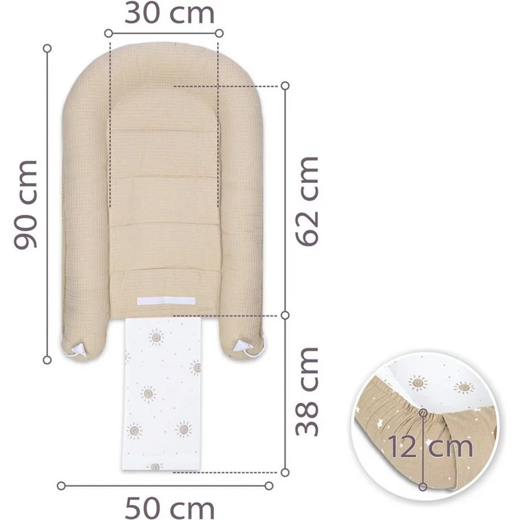 Babynest Neugeborene Nestchen Baby 90x50 cm - Kokon Handmade zweiseitig aus Baumwolle Waffel mit Babynestchen Sonne – Bild 2