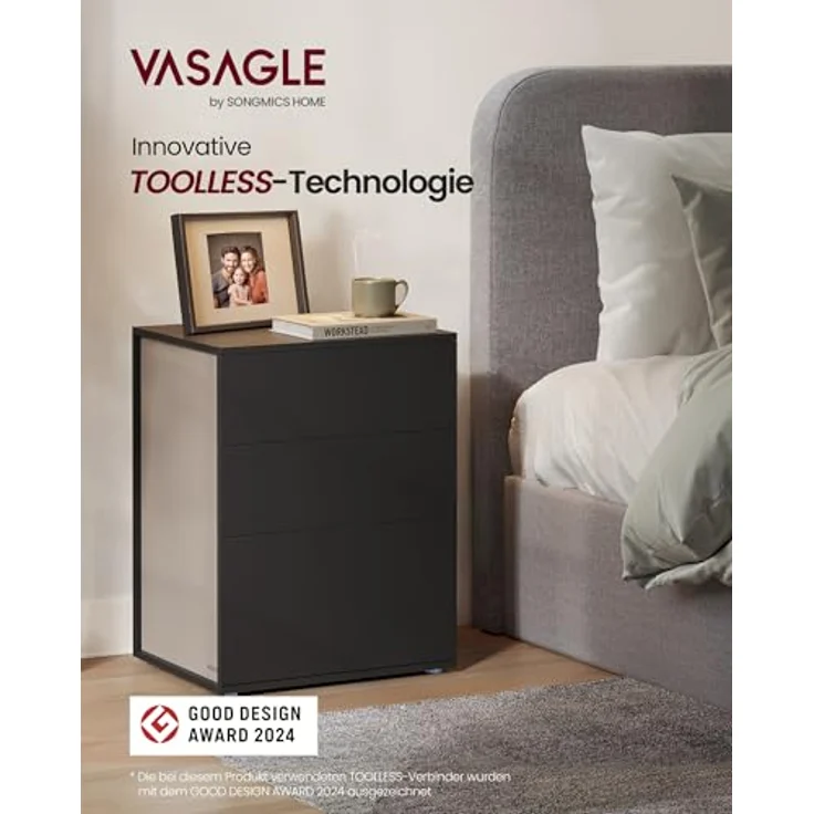 VASAGLE Nachttisch, 2er Set, Beistelltisch 3 Schubladen, Superschnelle werkzeuglose Montage, Nachtschrank, Schlafzimmer, Wohnzimmer, Toolless-Technologie, tintenschwarz-cappuccinobeige LET779B01 – Bild 4