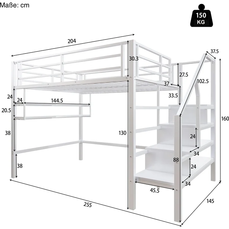 Hochbett mit Lattenrost, 140x200 cm, Metallbett mit Rausfallschutz, Regal, Treppe, Jugendbett, Kinderbett – Bild 5