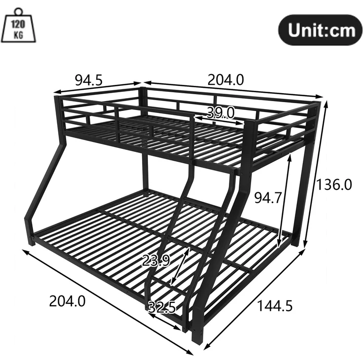 Merax Etagenbett Metallbett 90x200cm+140x200cm mit Schrägleiter und Geländer, Schwarz – Bild 4