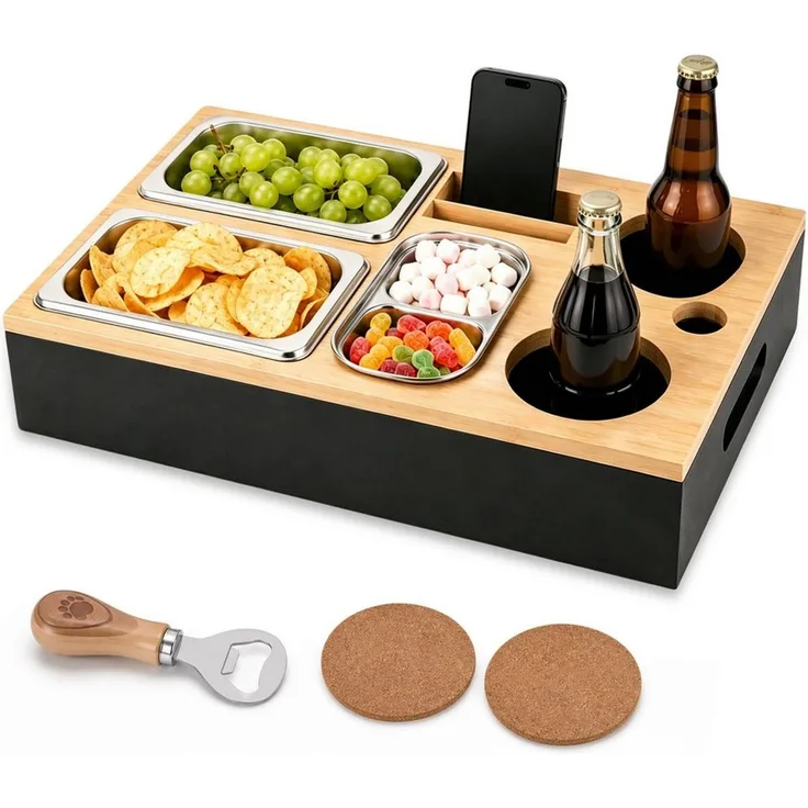 BlingBin Tabletttisch Sofa Tablett, Couchbar Snackbox, Mit Snackschalen Aus Edelstahl (1er Set, 1-St, 1 Stück), Couch Tablett für Wohnzimmer Schlafzimmer Garten Camping
