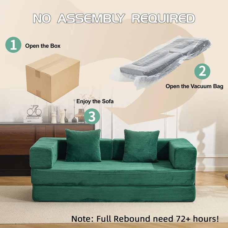 Bodensofa, Kompressionssofa, Schlafsofa mit Kissen, Rückenlehne und Armlehnen, bequemes Futon-Schlafsofa, Cordstoff, für Wohn- und Schlafzimmer, Dunkelgrün--Dunkelgrün--185x92.5x60cm--YOUDENOVA – Bild 7