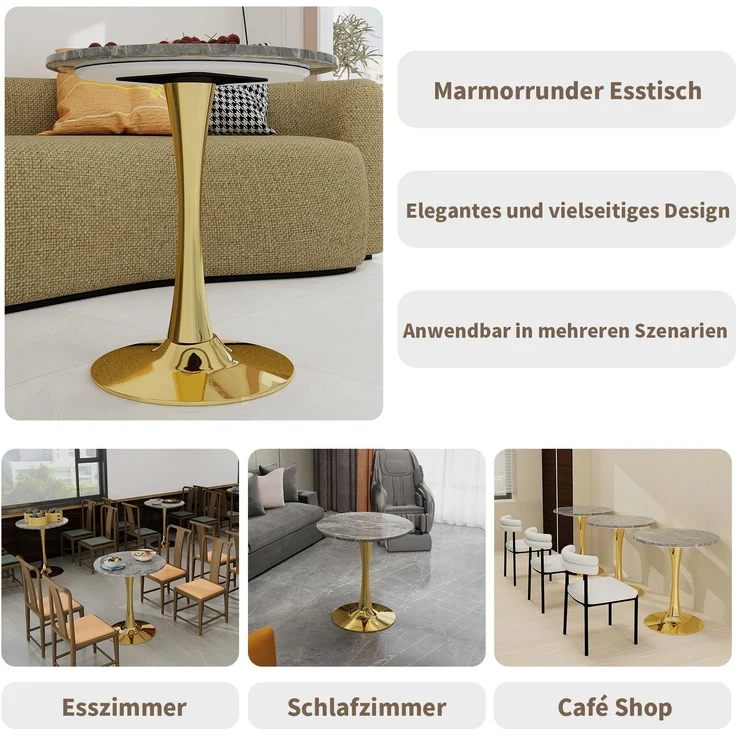Novelux Couchtisch Gold Runder Esstisch Marmoroptik Dunkelgrau, Mid-Century Tisch 70cm für 2-4 Personen, Kaffeetisch Wohnzimmertisch – Bild 4
