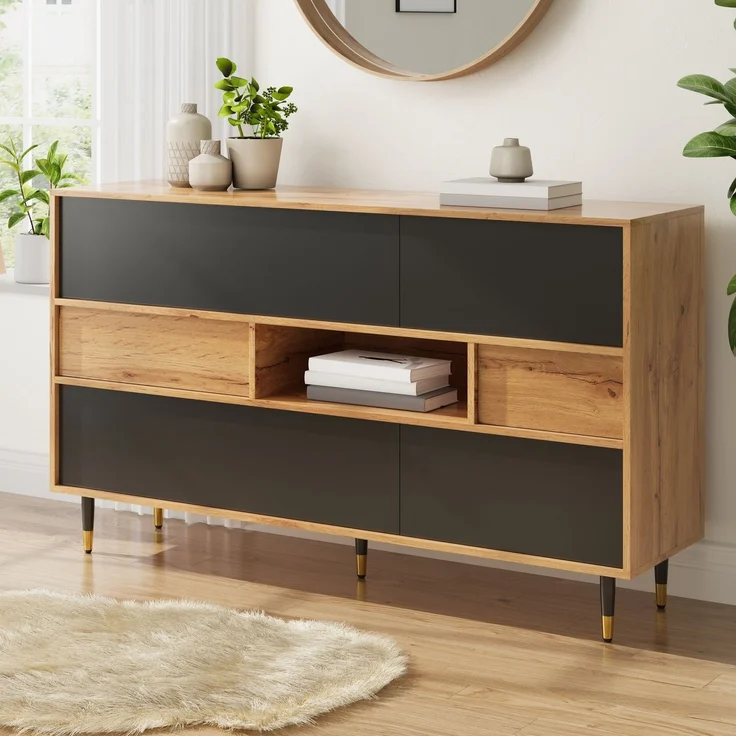 Merax Sideboard, Wohnzimmerschrank, Esszimmer-Schrank, Flurschrank, Multifunktionaler Sideboard Holz-Schwarz Kombination, 2 Schubladen, Staurschrank Esszimmer – Bild 3