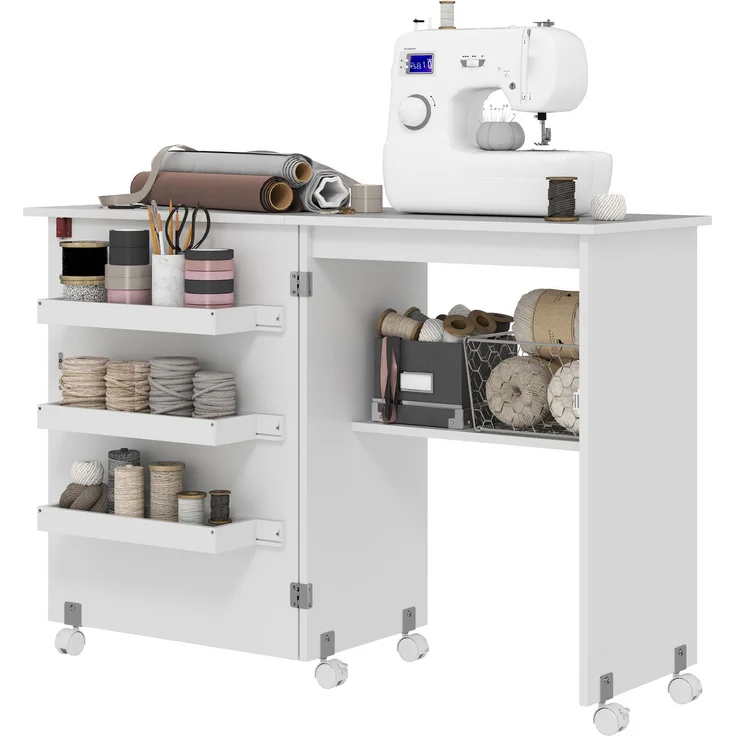 Wohnora-Klappbarer Nähtisch mit ausklappbarer Tischplatte, Aufbewahrungsboxen, offenem Regal und Rollen, weiß,H 775cm x T 1170cm x B 400cm – Bild 2