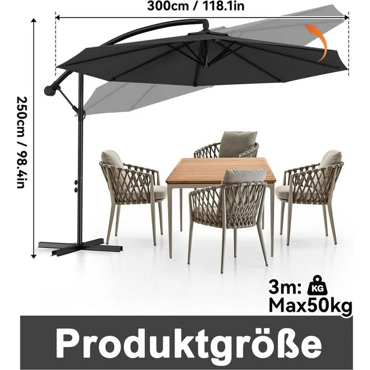 FIVMEN Sonnenschirm Freiarmschirm, Garten- und Terrassenschirm mit Kurbel, LxB: 250x300 cm, Ø300 cm