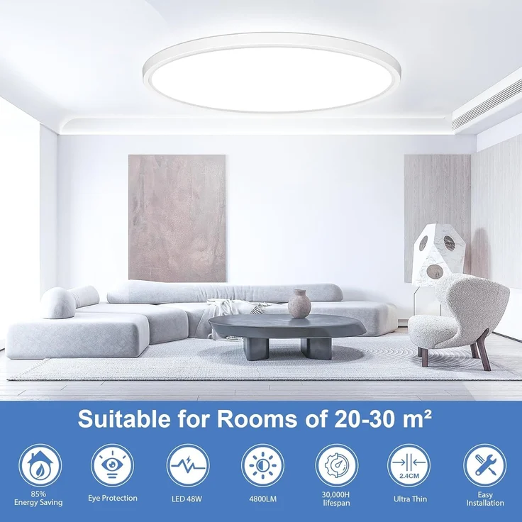 50CM Deckenlampe Led Deckenleuchte Flach - 48W 6500K 4800LM Kaltweiß Rund Küchenlampe Badlampe Led Deckenlampe Wohnzimmer Lampe Decke für Küche Schlafzimmer Badezimmer Kinderzimmer Modern Utra Dünn – Bild 2