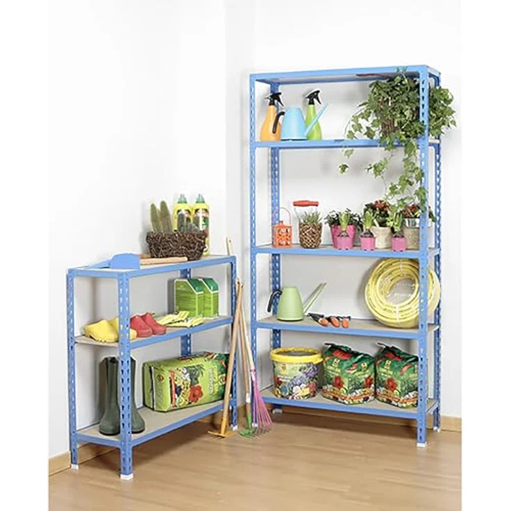 Simon Rack Schwerlastregal, 1000 x 1100 x 400 mm, Bis 200 kg Belastbar, 3 Verstellbare Ablagen, MDF-Platten, Kellerregal, Lagerregal, Blau/Holz - Simonclick – Bild 3