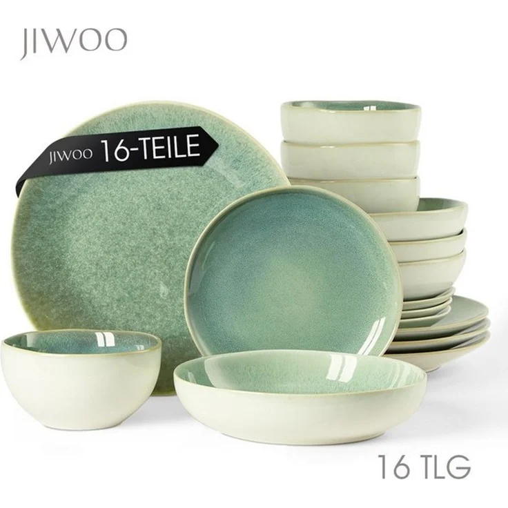 JIWOO Geschirr-Set 16er Kombiservice Teller-Set Tafelservice Schüssel-Set Speiseteller (16-tlg), 4 Personen, Keramik, Hochwertiges Geschirr set Grün Mikrowellen spülmaschinenfest – Bild 4