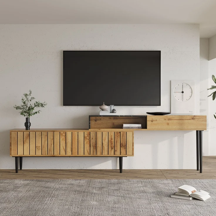 Merax Lowboard mit Tischplatte in Marmoroptik und Metallbeine, TV-Schrank stapelbar, TV-Board Länge verstellbar, Bis 200cm, Natur – Bild 1