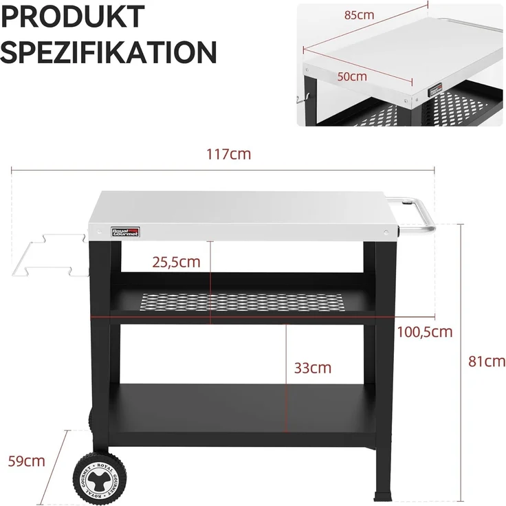 Royal Gourmet Servierwagen 3-Etagen mit Müllsackhalter Küchenwagen Edelstahl Beistelltisch Outdoor Plancha Grilltisch Rollwagen Trolley Silber Arbeitsplatte 85 x 50cm – Bild 3