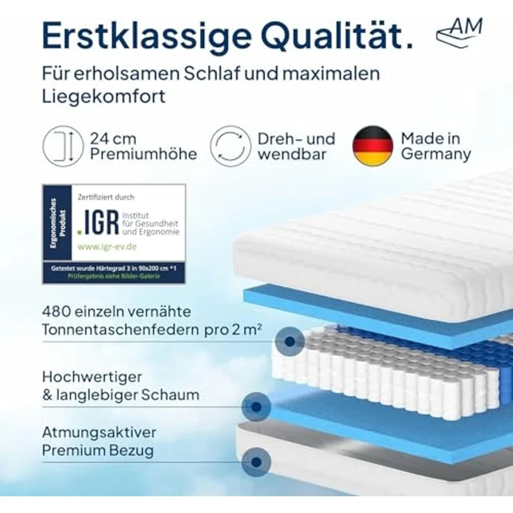AM Qualitätsmatratzen Hochwertige 7-Zonen Taschenfederkernmatratze 100x200 cm - 24 cm Premiumhöhe - Tonnentaschenfederkernmatratze 100x200 cm - H3 – Bild 3