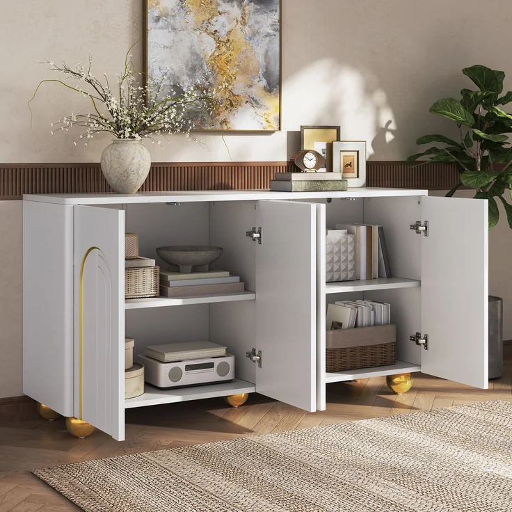 Merax Wohnzimmerschrank, Viertüriges Sideboard, Esszimmer Staurschrank mit Bogen-Goldlinien-Dekor, mit kugelförmigen Metallfüßen, Weiß – Bild 2