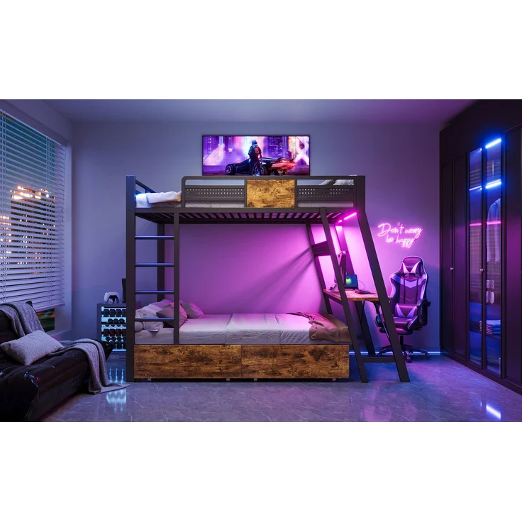 Merax Metall-Etagenbett 140x200 cm, integrierter Gaming-Schreibtisch mit Steckdosen, USB- und Type-C-Anschlüssen, mit LED-Lichtband, zwei Aufbewahrungskörben, Schwarz – Bild 9