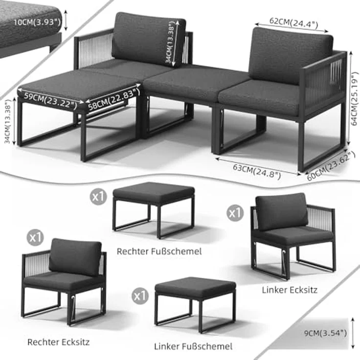 Melko Sitzgruppe Möbelset Aluminium Balkon Set wetterfest Gartenmöbel Sitzgarnitur, (inkl. höhenverstellbare Füße, 4-tlg, Aluminiummöbel), Hocker kann je nach Bedürfnissen als Tisch oder Liege verwendet werden – Bild 6